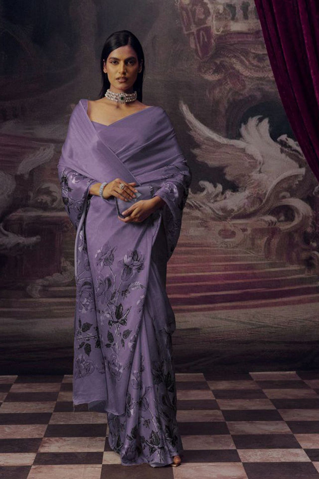 Lavender Printed Satin Saree (Sudha-166-F)
