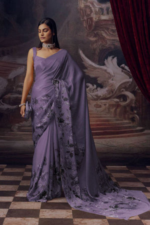 Lavender Printed Satin Saree (Sudha-166-F)