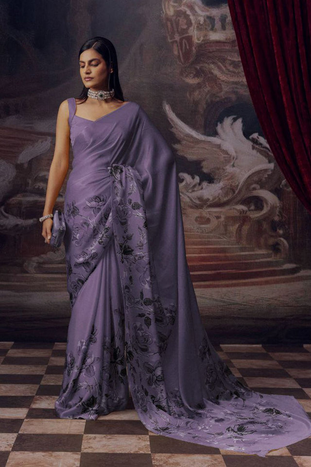 Lavender Printed Satin Saree (Sudha-166-F)