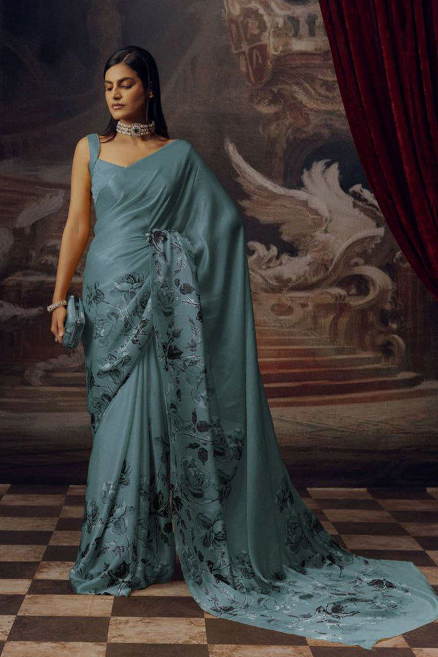 Light Blue Printed Satin Saree (Sudha-166-G)