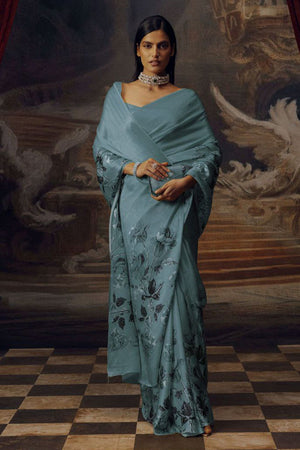 Light Blue Printed Satin Saree (Sudha-166-G)