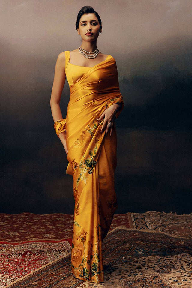 Orange Floral Printed Satin Saree