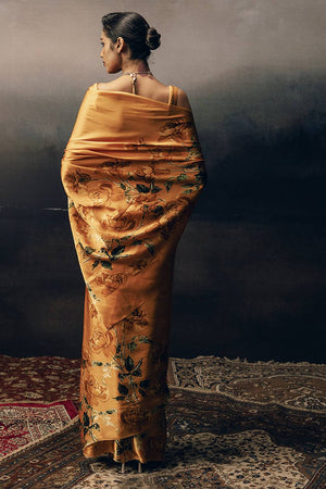 Orange Floral Printed Satin Saree