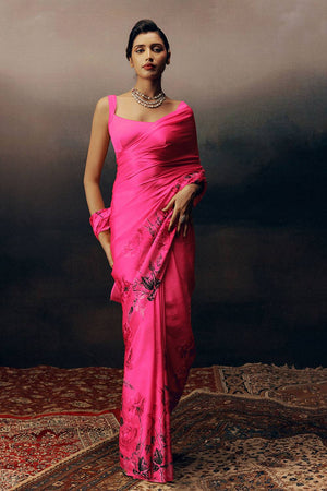 Magenta Floral Printed Satin Saree