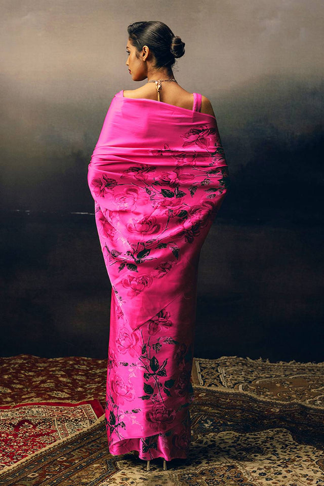 Magenta Floral Printed Satin Saree
