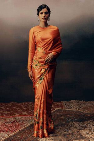 Orange Floral Printed Satin Saree