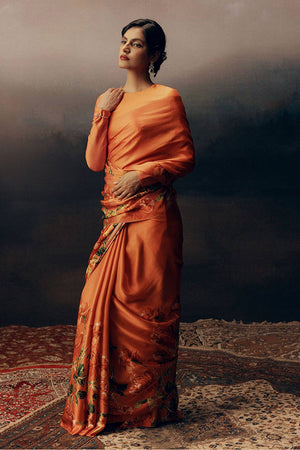 Orange Floral Printed Satin Saree