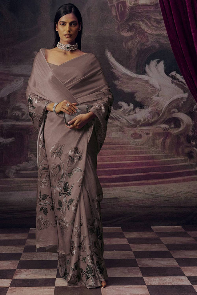 Grey Floral Printed Satin Saree