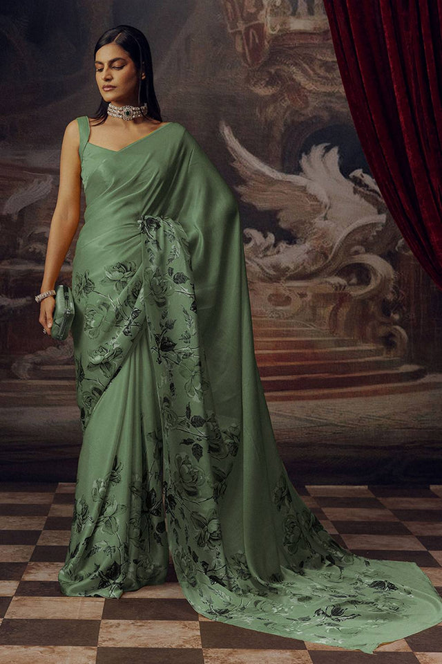 Olive Green Floral Printed Satin Saree