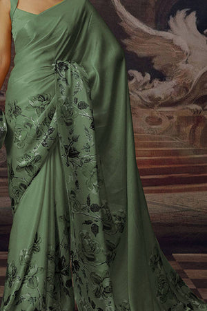 Olive Green Floral Printed Satin Saree