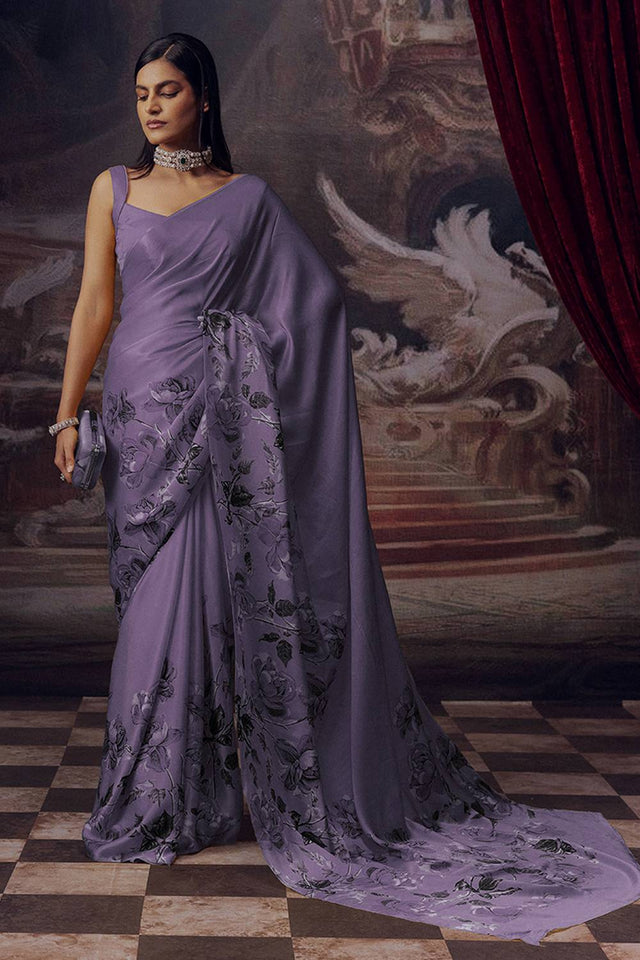 Lavender Floral Printed Satin Saree
