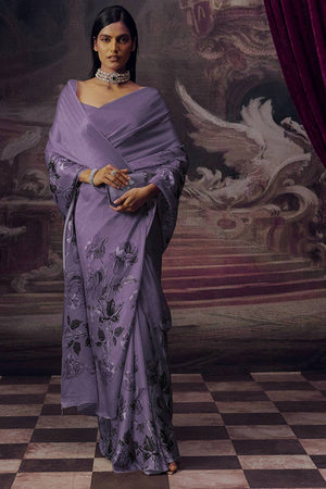 Lavender Floral Printed Satin Saree