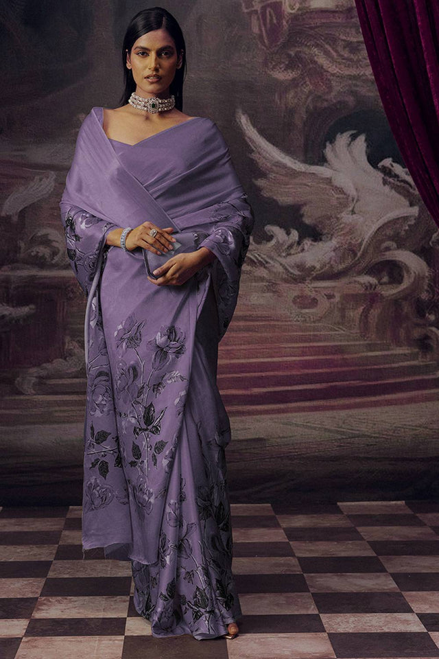 Lavender Floral Printed Satin Saree