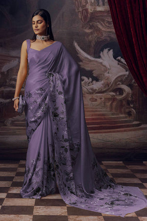 Lavender Floral Printed Satin Saree