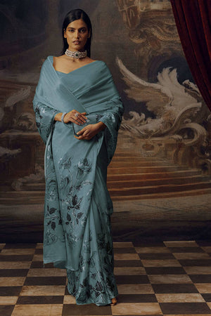 Light Blue Floral Printed Satin Saree