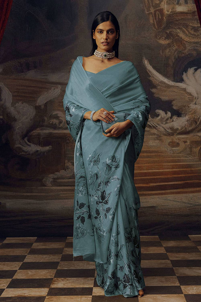 Light Blue Floral Printed Satin Saree