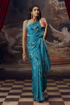 Blue Floral Printed Satin Saree