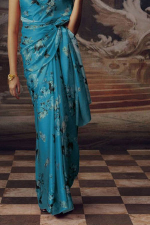 Blue Floral Printed Satin Saree