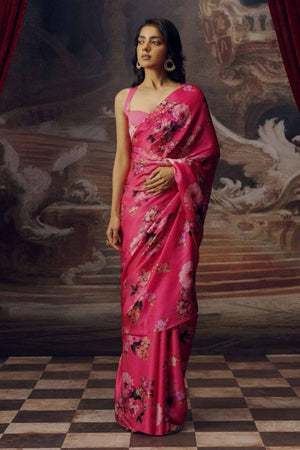 Pink Floral Printed Satin Saree