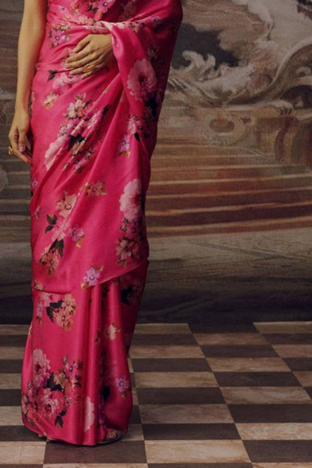 Pink Floral Printed Satin Saree