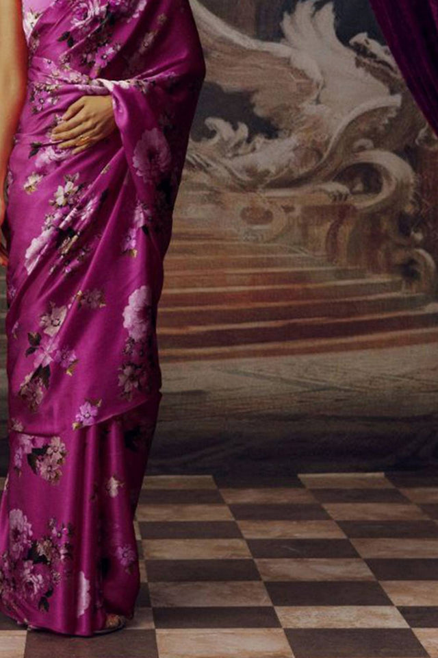 Magenta Floral Printed Satin Saree