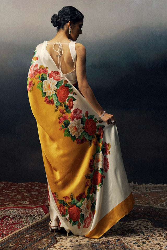 Mustard Printed Satin Saree (Sudha-17020)