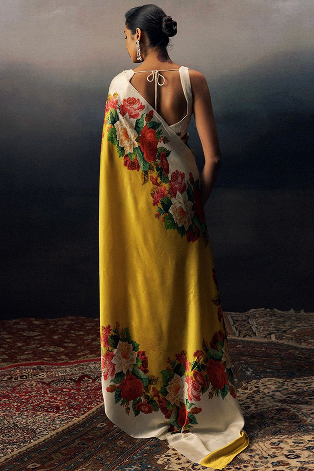 Yellow Printed Satin Saree (Sudha-17021)