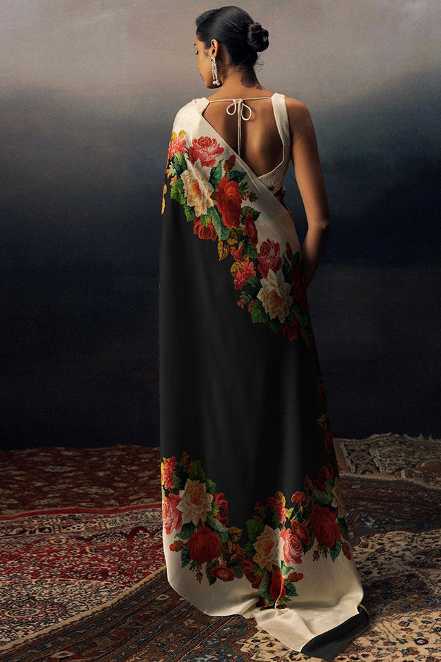 Black Printed Satin Saree (Sudha-17022)