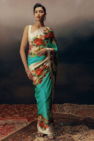 Light Blue Printed Satin Saree (Sudha-17023)