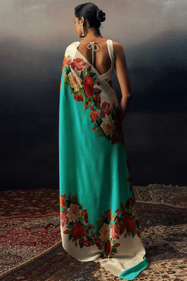 Light Blue Printed Satin Saree (Sudha-17023)