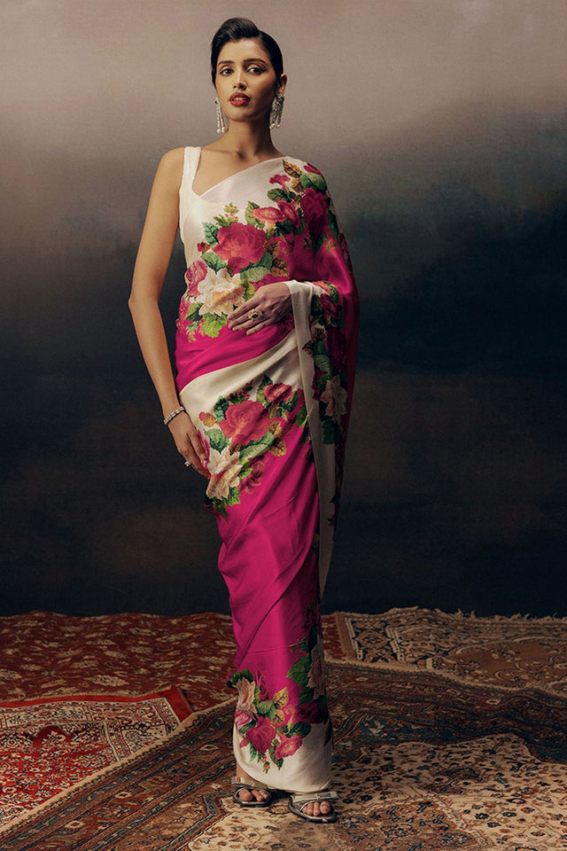Magenta Printed Satin Saree (Sudha-17024)