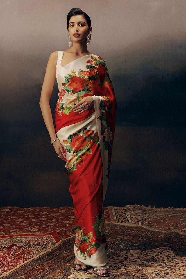 Red Printed Satin Saree (Sudha-17025)