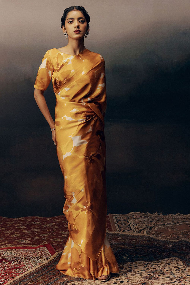 Orange Printed Satin Saree (Sudha-17029)