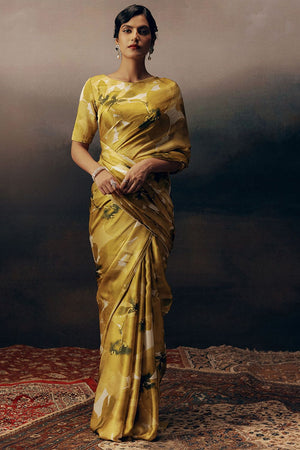 Mustard Printed Satin Saree (Sudha-17030)