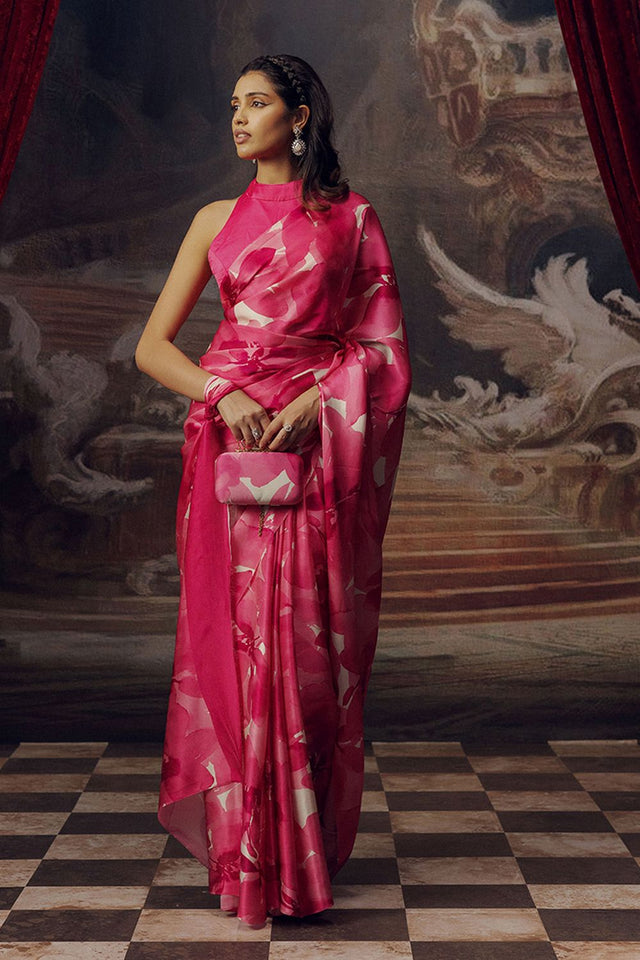 Pink Printed Satin Saree (Sudha-17031)