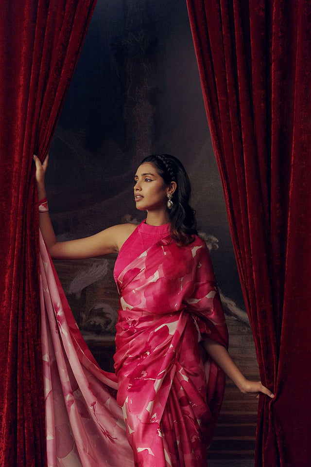 Pink Printed Satin Saree (Sudha-17031)