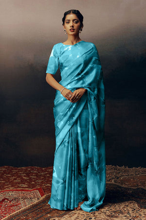 Light Blue Printed Satin Saree (Sudha-17032)