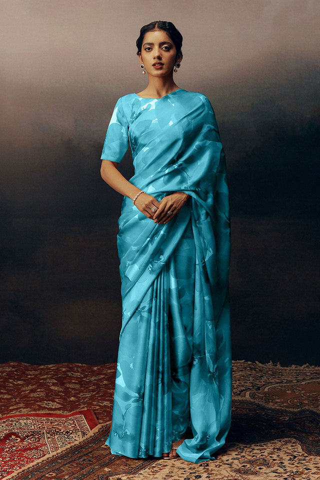 Light Blue Printed Satin Saree (Sudha-17032)