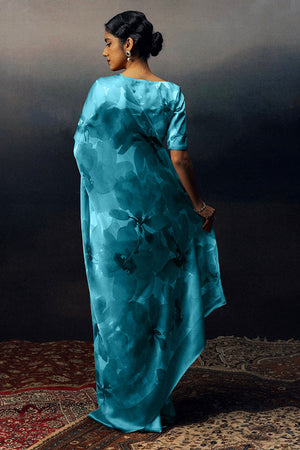 Light Blue Printed Satin Saree (Sudha-17032)