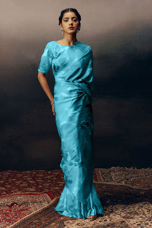 Light Blue Printed Satin Saree (Sudha-17032)