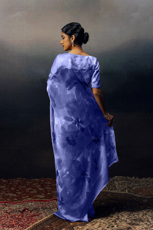 Blue Printed Satin Saree (Sudha-17033)