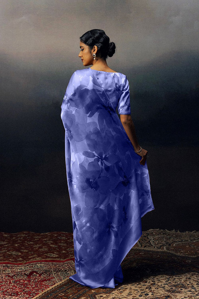 Blue Printed Satin Saree (Sudha-17033)