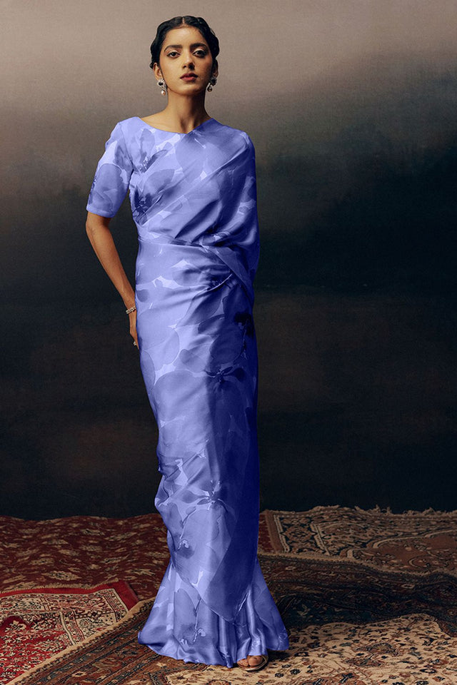 Blue Printed Satin Saree (Sudha-17033)