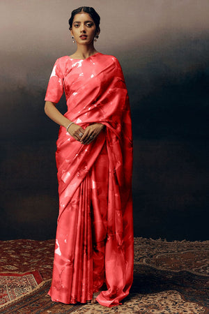 Peach Printed Satin Saree (Sudha-17034)
