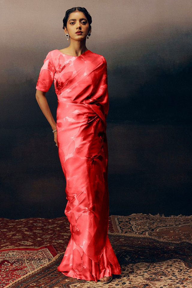 Peach Printed Satin Saree (Sudha-17034)
