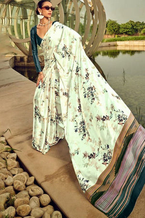 Off White Printed Satin Saree (Sudha-187)