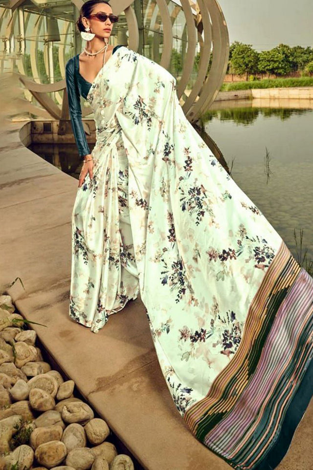 Off White Printed Satin Saree (Sudha-187)