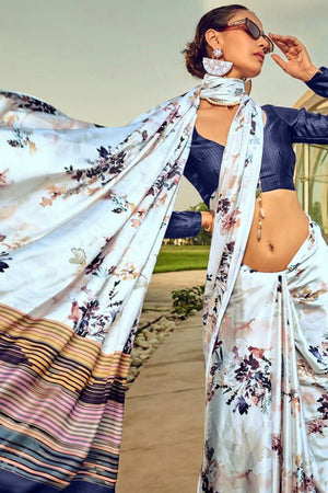 Off White Printed Satin Saree (Sudha-187-A)