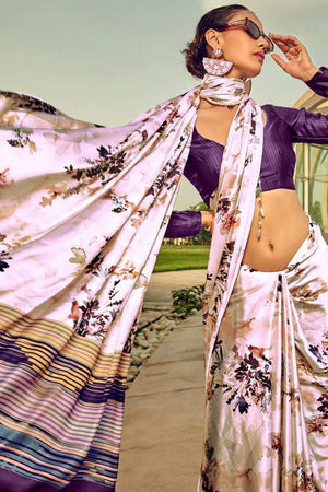 Off White Printed Satin Saree (Sudha-187-B)