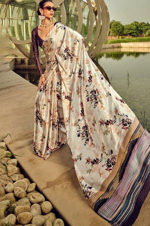 Off White Printed Satin Saree (Sudha-187-C)